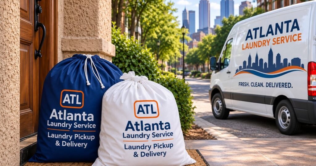 Atlanta Laundry Service pickup bags and delivery van outside a home in an Atlanta neighborhood