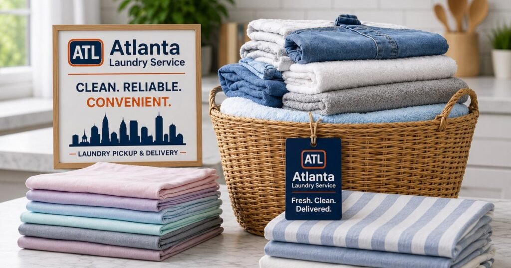 Wash and fold laundry basket with Atlanta Laundry Service branding, folded towels and clothes ready for delivery